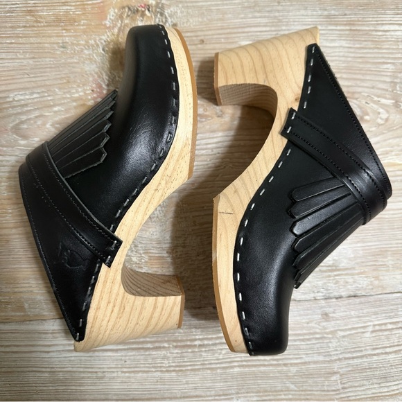 NWOB Sandgrens Venice Fringed Heeled Clog Mule Black Leather Scandi 6-6.5 - Picture 10 of 15